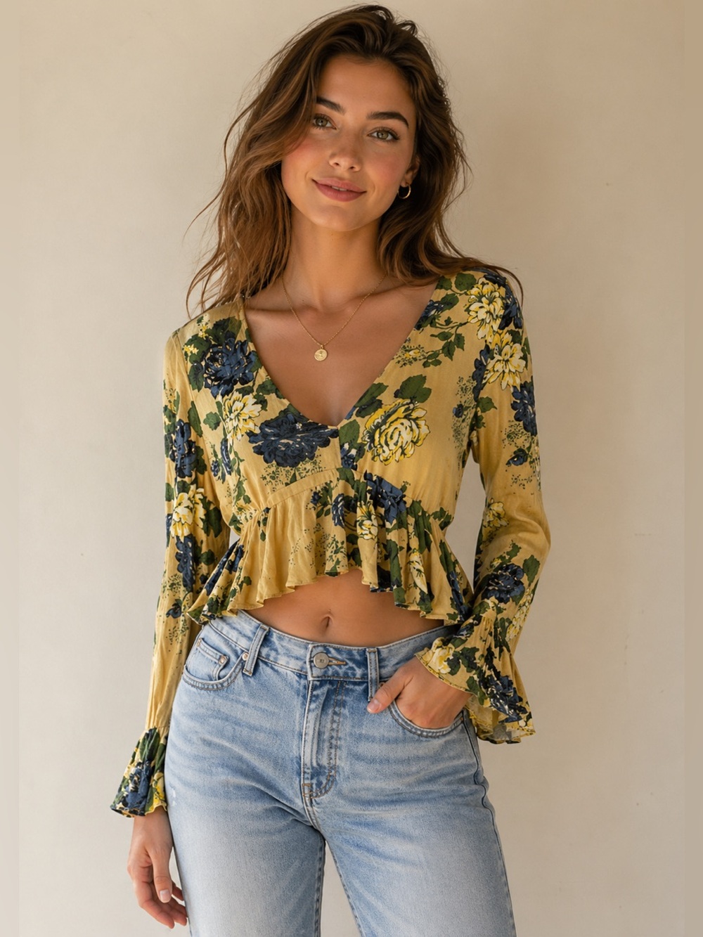 Urban Outfitters Floral Ruffle Crop Top Yellow Blue Green Boho Romantic Small